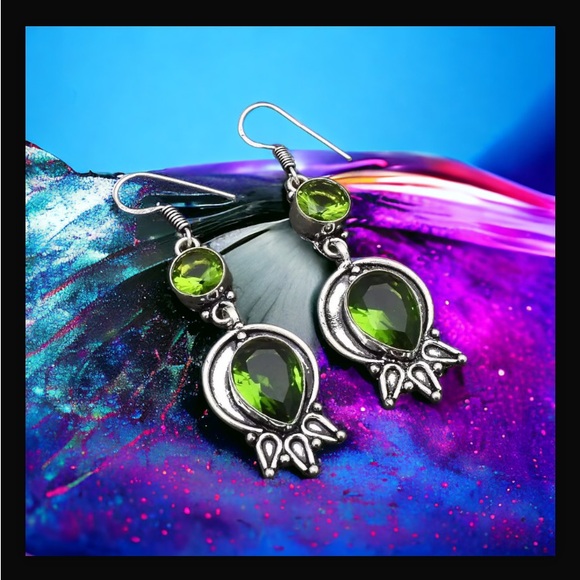 Peridot Handcrafted Drop Dangle Hook Style Earrings 2.32" Long Made In India NWT - Picture 5 of 16